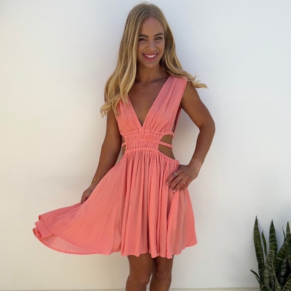 Women's Coral Pink V-Neck Cutout Dress